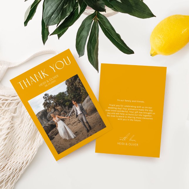 Tarjeta de agradecimiento a Boda de fotografía ama (Modern Yellow Photo Wedding Thank You Card)