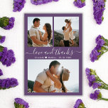 Tarjeta de agradecimiento a Boda de Mauve Budget C<br><div class="desc">Budget Moderno Elegante "Love and Gracias" Script Mauve Boda 3 Collage de fotos Gracias Tarjeta Thin De Bajo Presupuesto. Puede actualizar para que esta tarjeta se imprima en el material de cartón. Con tres (3) fotos en la parte delantera y una (1) en la parte trasera. Con el texto "Amor...</div>