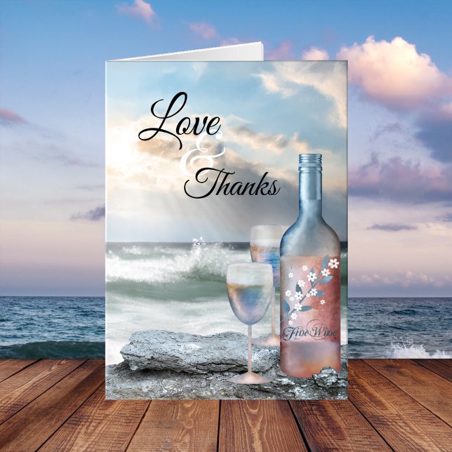 Tarjeta de agradecimiento a Boda de sueño de playa (Wedding Thank You card featuring an original painting of a wine bottle with glasses at the beach)