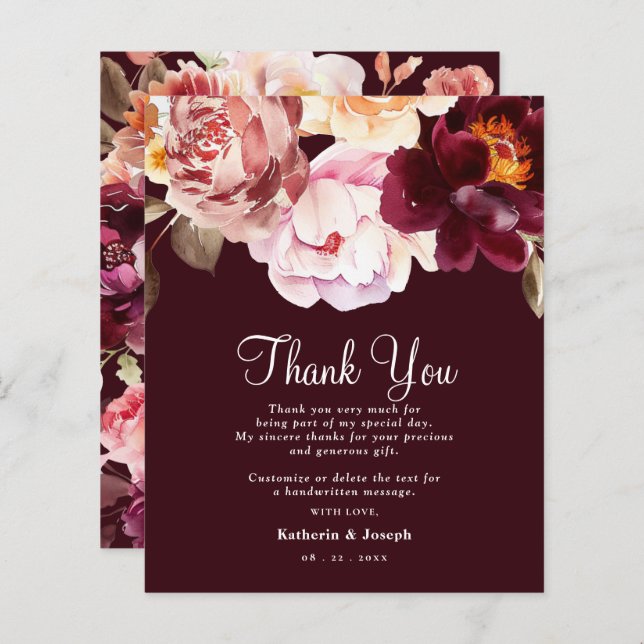 Tarjeta de agradecimiento a Boda Floral Burgundy W (Anverso / Reverso)