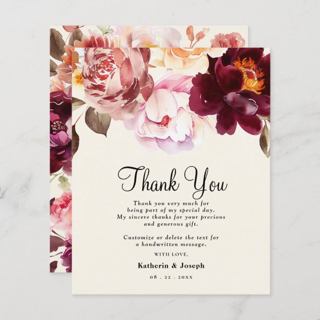 Tarjeta de agradecimiento a Boda Floral Burgundy W (Anverso / Reverso)
