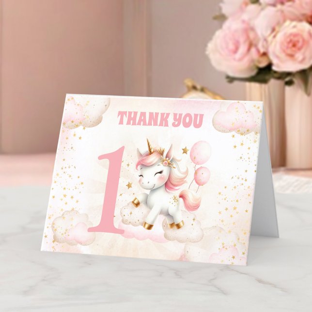 Tarjeta de agradecimiento a Chica de unicornio ros (Pink Cute Unicorn Girl 1st Birthday Thank You Card)