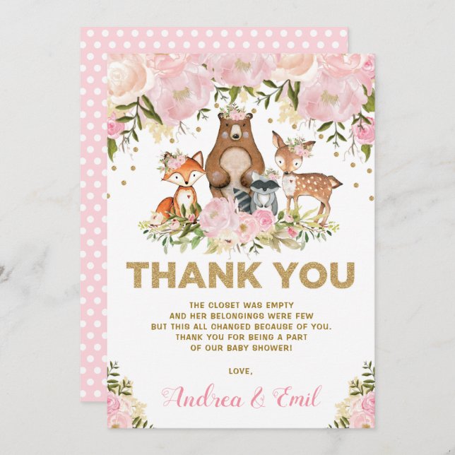 Tarjeta de agradecimiento a Chica Woodland Baby Sh (Anverso / Reverso)