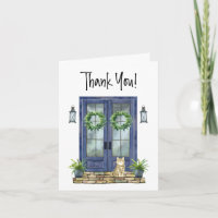 Tarjeta de agradecimiento a cliente de puerta azul