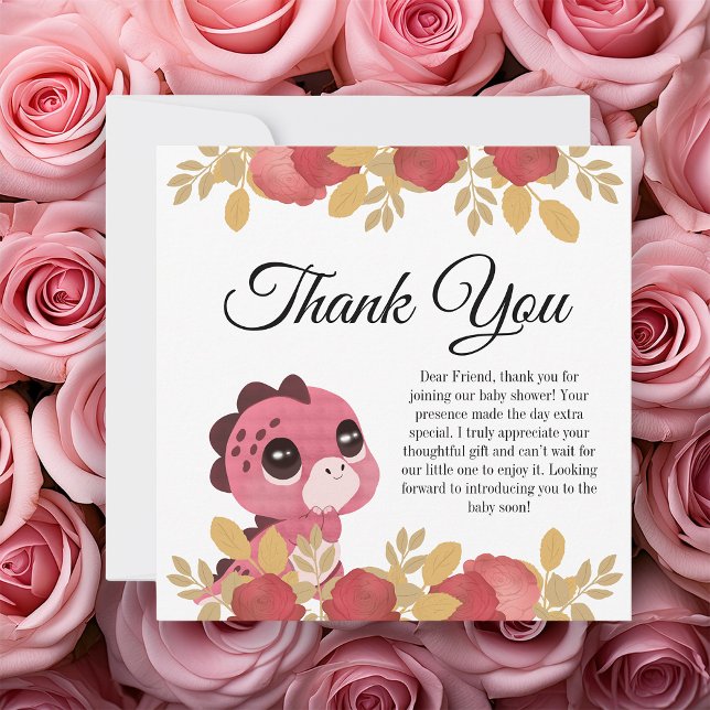 Tarjeta de agradecimiento a dinosaurios rosados y  (pink dinosaur cartoon themed thank you card on top of roses)