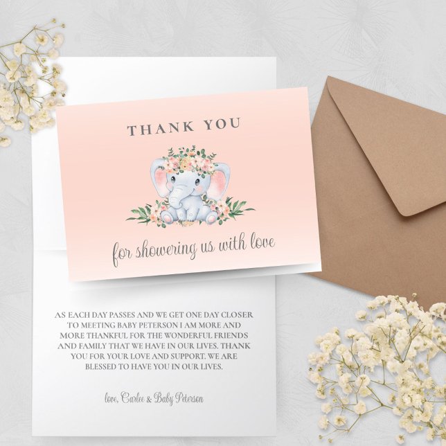 Tarjeta de agradecimiento a Elephant Floral Rosa B (Elephant Baby Shower Thank You Cards for Sweet Baby Girl with Pink Peach Floral and Greenery)