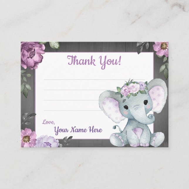 Tarjeta de agradecimiento a Elephant Rustic Purple (Anverso)