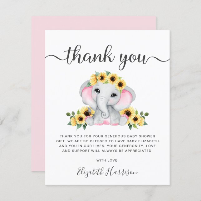 Tarjeta de agradecimiento a Elephant Sunflower Bab (Anverso / Reverso)