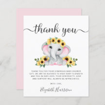 Tarjeta de agradecimiento a Elephant Sunflower Bab