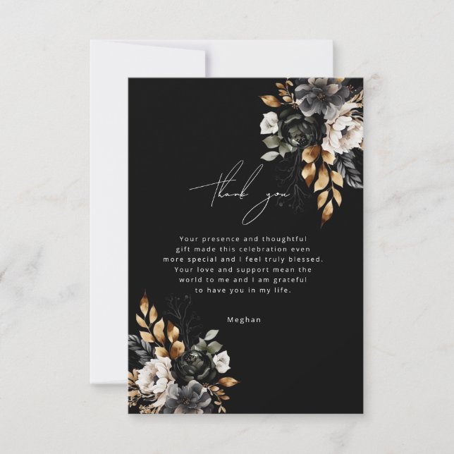 Tarjeta de agradecimiento a Floral Black and Gold  (Anverso)