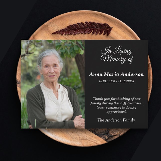 Tarjeta de agradecimiento a funeral de Black Photo (Black Photo Sober Funeral Thank You Card)