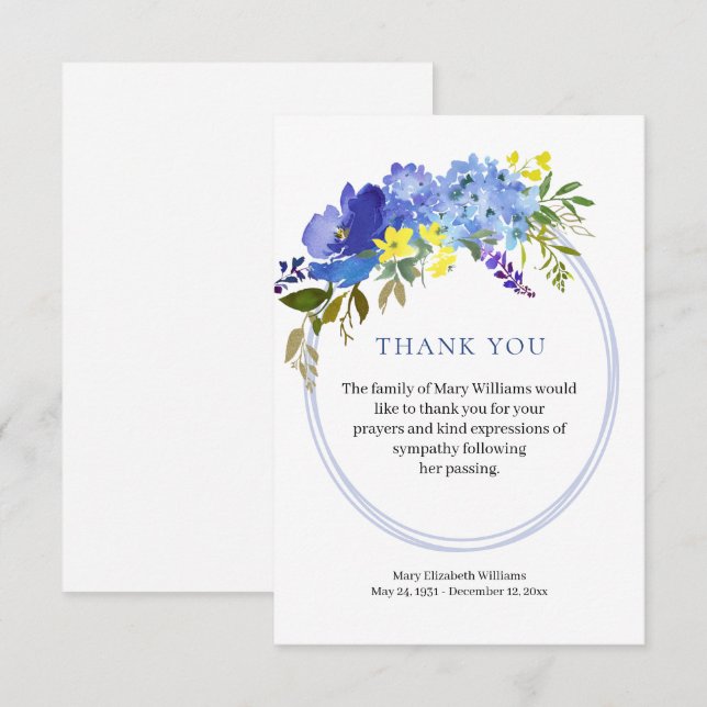 Tarjeta de agradecimiento a Funeral Floral Azul de (Anverso / Reverso)