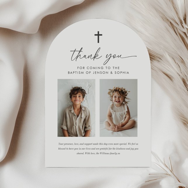 Tarjeta de agradecimiento a Joint Baptism 2 Photo  (Zazzle Joint Baptism 2 Photo Arch Thank You Card)