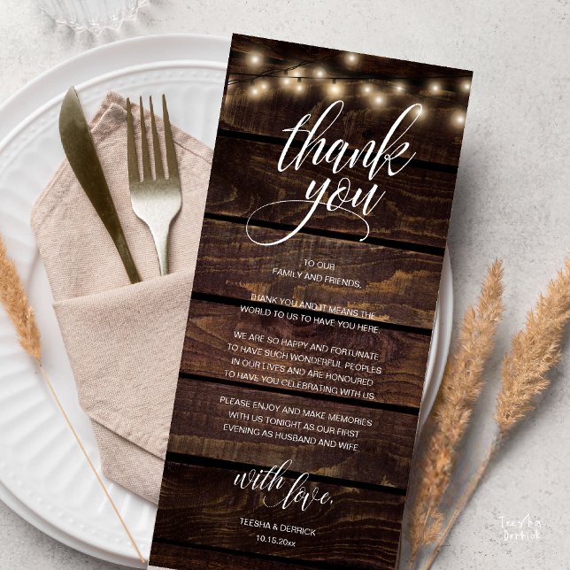 Tarjeta de agradecimiento a la cena de ensayo de B (Modern Rustic Wedding Reception Dinner Lunch Brunch Thank You Card String Lights Dark Wood)