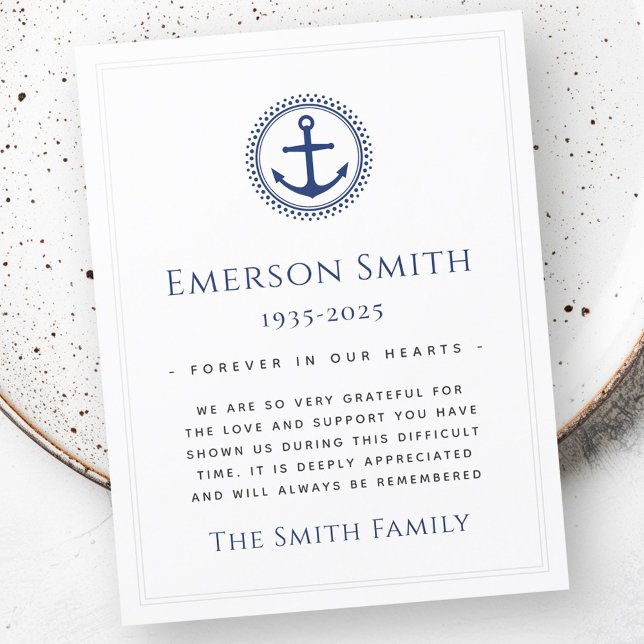 Tarjeta de agradecimiento a la compasión del funer (Nautical anchor funeral sympathy thank you card)