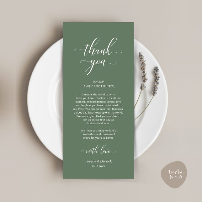 Tarjeta de agradecimiento a la configuración del l (Modern Wedding Dinner Place Setting Thank You Card in Classy Forest Sage Green)