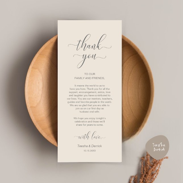 Tarjeta de agradecimiento a la configuración del l (Modern Wedding Dinner Place Setting Thank You Card in Classy Cream Grey)