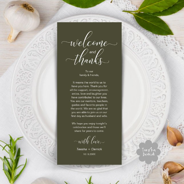 Tarjeta de agradecimiento a la configuración del l (Modern Wedding Dinner Brunch Lunch Table Place Setting Thank You Card in Rustic Olive Green Greenery)
