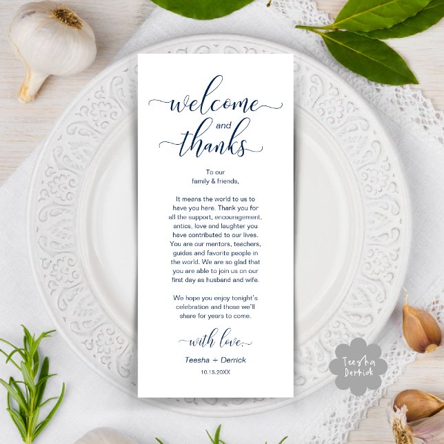 Tarjeta de agradecimiento a la configuración del l (Modern Wedding Dinner Brunch Lunch Table Place Setting Thank You Card in Classy Navy Blue)