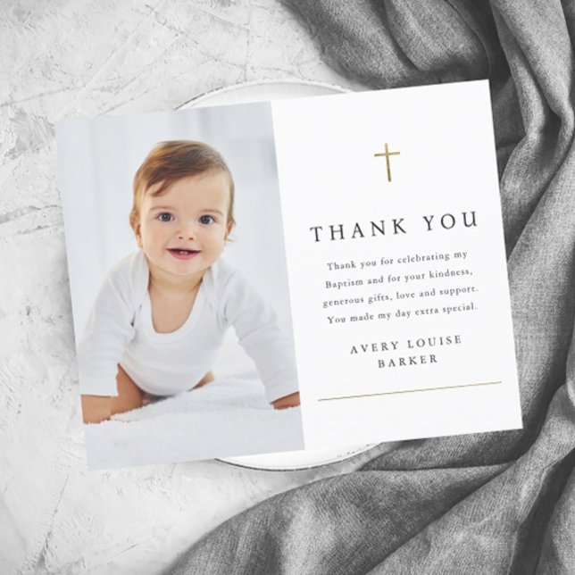 Tarjeta de agradecimiento a la Cruz de Oro Presupu (Modern simple baby photo baptism thank you cards.)
