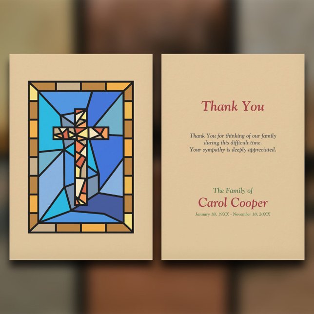 Tarjeta de agradecimiento a la Cruz de Vidrio Manc (Stained Glass Cross Funeral Thank You Card)