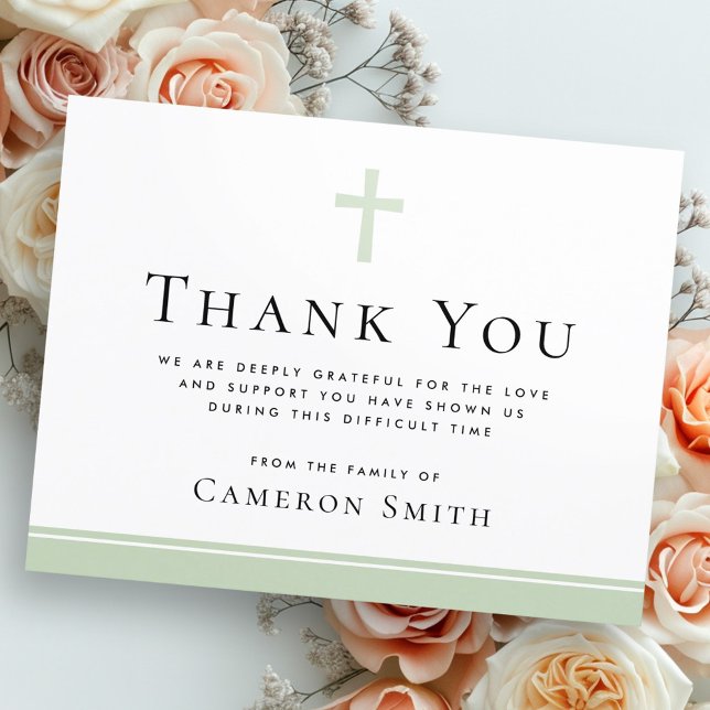 Tarjeta de agradecimiento a la cruz verde sabio en (Sage green cross funeral sympathy thank you card)