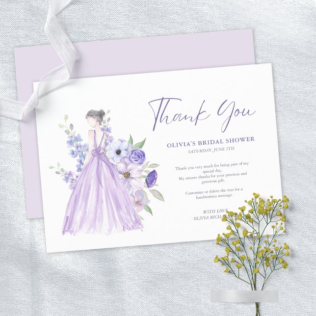 Tarjeta de agradecimiento a la ducha de novia con  (Purple Flower Script Bridal Shower Thank You Card)