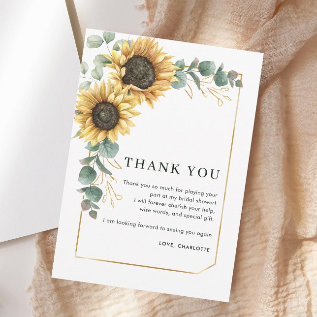 Tarjeta de agradecimiento a la ducha de novia con  (Sunflower Script Bridal Shower Thank You Card)