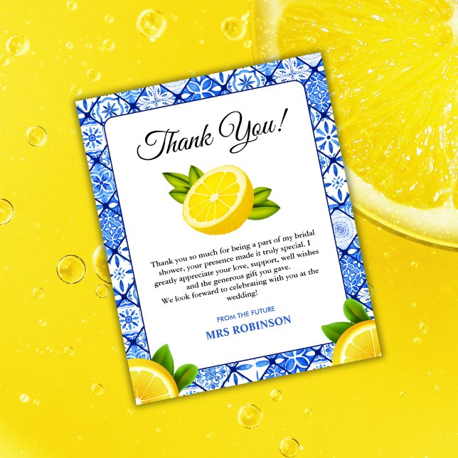 Tarjeta de agradecimiento a la ducha mediterránea  (Mediterranean Italian Blue Tile Lemon Bridal Shower Thank You Card )