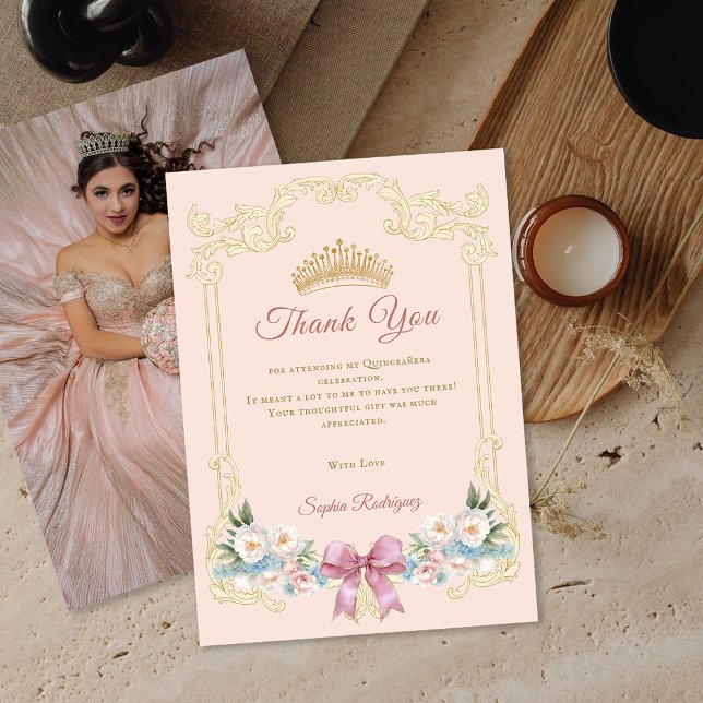 Tarjeta de agradecimiento a la elegante Crown Pink (Classy Crown Pink Quinceanera Photo ThankYou Card)