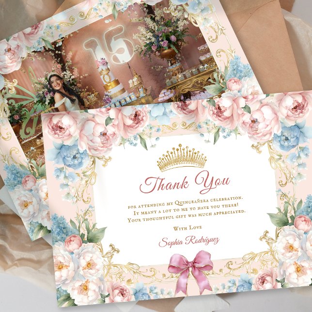 Tarjeta de agradecimiento a la elegante floral ros (Classy Floral Pink Quinceanera Photo ThankYou Card)