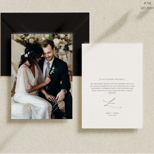 Tarjeta de agradecimiento a la elegante y moderna  (simple photo wedding thank you cad, moden elegant calligaphy wedding photo, simple moden)