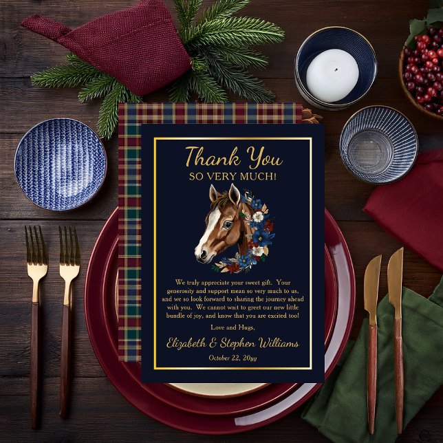 Tarjeta de agradecimiento a la florida de Foal Ecu (Charming Classic Preppy Equestrian Foal and Floral Wreath | Plaid Boy Baby Shower Thank You Card)