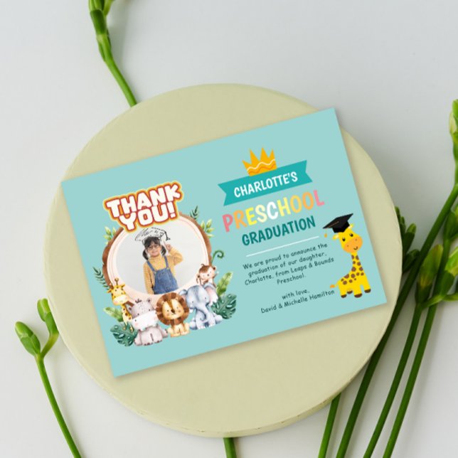 Tarjeta de agradecimiento a la graduación de fotos (Animal Preschool Photo Graduation Thank You Card)
