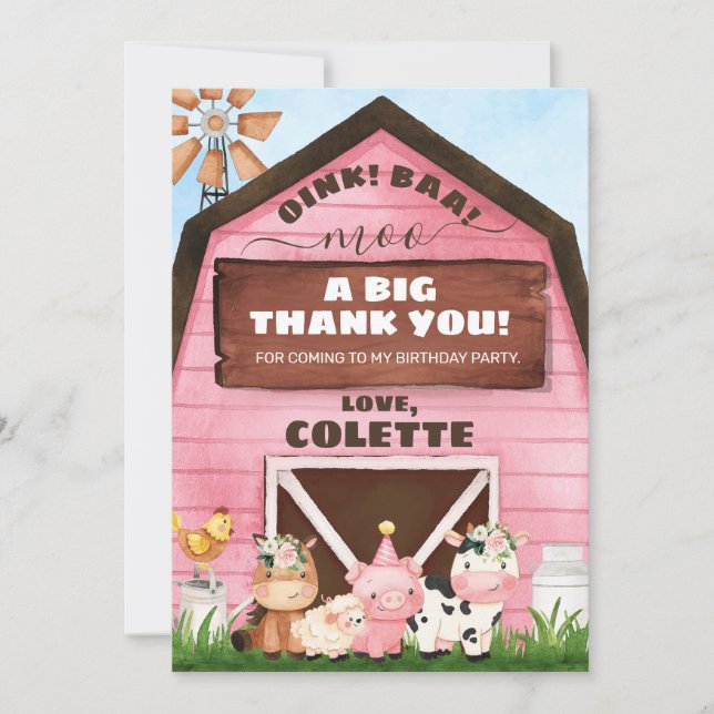 Tarjeta de agradecimiento a la granja Pink Oink Ba (Anverso)