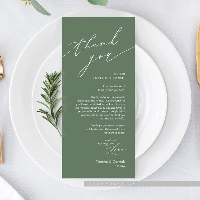 Tarjeta de agradecimiento a la hora de la cena bod (Romantic Wedding Dinner Place Setting Thank You Card, in Forest Sage Green)