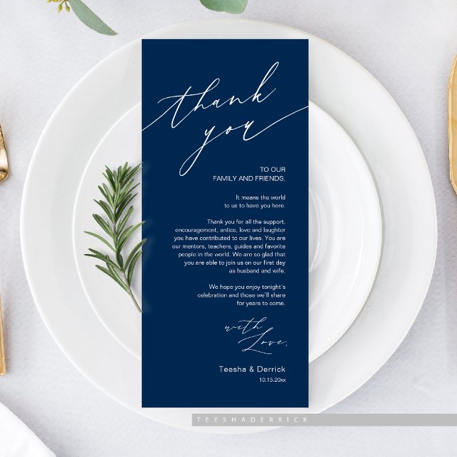Tarjeta de agradecimiento a la hora de la cena bod (Romantic Wedding Dinner Place Setting Thank You Card, in Navy Blue)