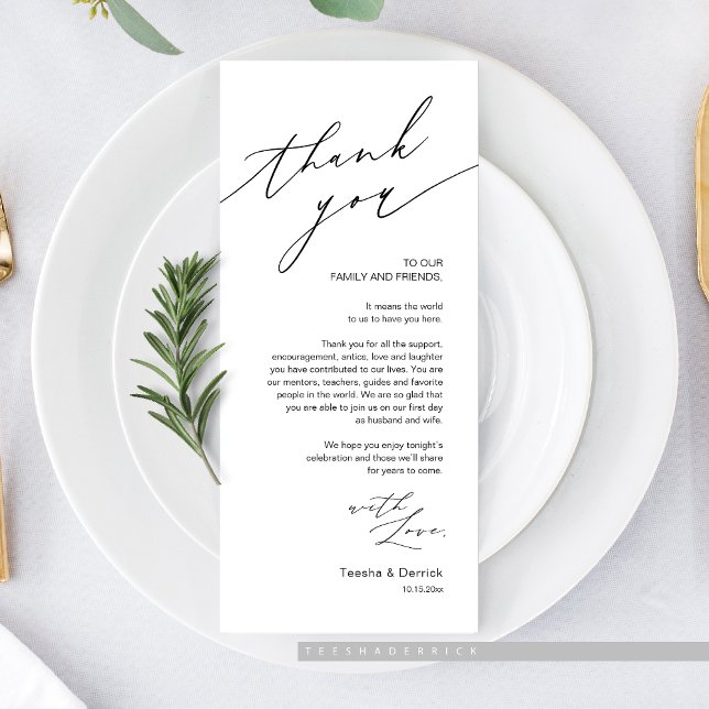 Tarjeta de agradecimiento a la hora de la cena bod (Romantic Wedding Dinner Place Setting Thank You Card, in Black and White)
