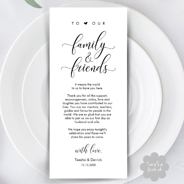 Tarjeta de agradecimiento a la hora de la cena bod (Welcome and Thanks, Wedding Dinner Place Setting Thank You Card in Classy Black White)