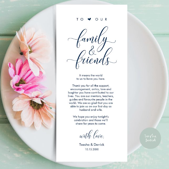 Tarjeta de agradecimiento a la hora de la cena bod (Welcome and Thanks, Wedding Dinner Place Setting Thank You Card in Classy navy Blue)