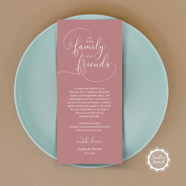Tarjeta de agradecimiento a la hora de la cena bod (To Our Family and Friends, Wedding Dinner Place Setting Thank You Card, Modern, Dusty Rose Pink)