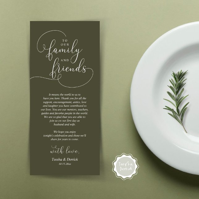 Tarjeta de agradecimiento a la hora de la cena bod (To Our Family and Friends, Wedding Dinner Place Setting Thank You Card, Modern, Olive Green)