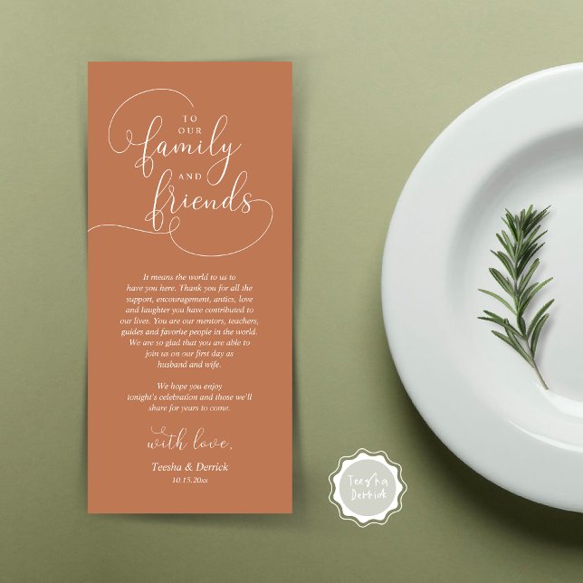 Tarjeta de agradecimiento a la hora de la cena bod (To Our Family and Friends, Wedding Dinner Place Setting Thank You Card, Modern, Copper Brown Rust)