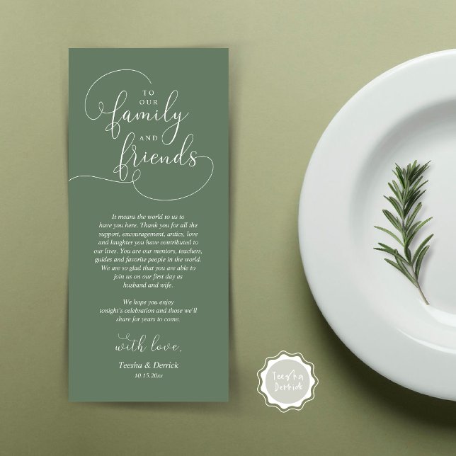 Tarjeta de agradecimiento a la hora de la cena bod (To Our Family and Friends, Wedding Dinner Place Setting Thank You Card, Modern, Forest Sage Green)