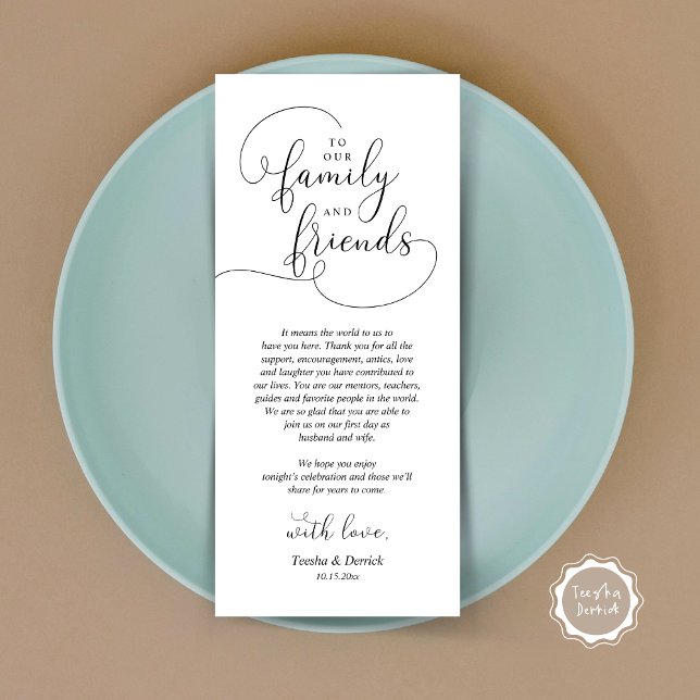 Tarjeta de agradecimiento a la hora de la cena bod (To Our Family and Friends, Wedding Dinner Place Setting Thank You Card, Modern, Black and White)