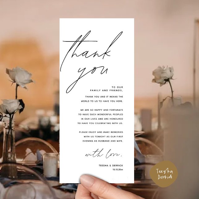 Tarjeta de agradecimiento a la hora de la cena bod (Modern Romantic Wedding Place Setting Thank You Card for Dinner Brunch Lunch Party  in White Black)