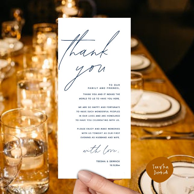 Tarjeta de agradecimiento a la hora de la cena bod (Romantic Wedding Dinner Lunch Brunch Party Place Setting Thank You Card in Classy Navy Blue)