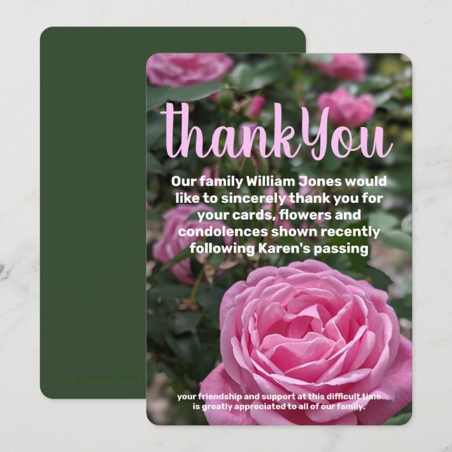 Tarjeta de agradecimiento a la memoria de rosas ro (Anverso / Reverso)