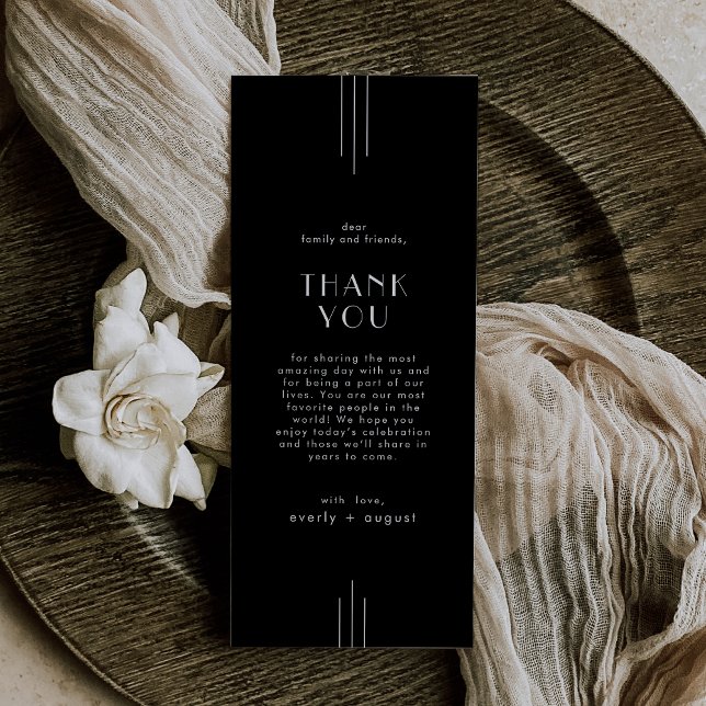 Tarjeta de agradecimiento a la mesa de Bodas negro (EVERLY Art Deco Black Wedding Table Thank You Card)