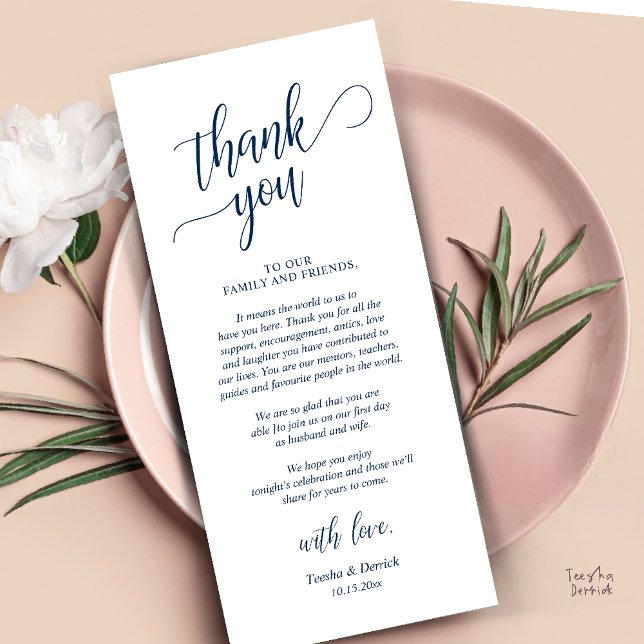 Tarjeta de agradecimiento a la recepción de boda m (Modern Classy Wedding Dinner Thank You Card Reception brunch lunch in Navy Blue)